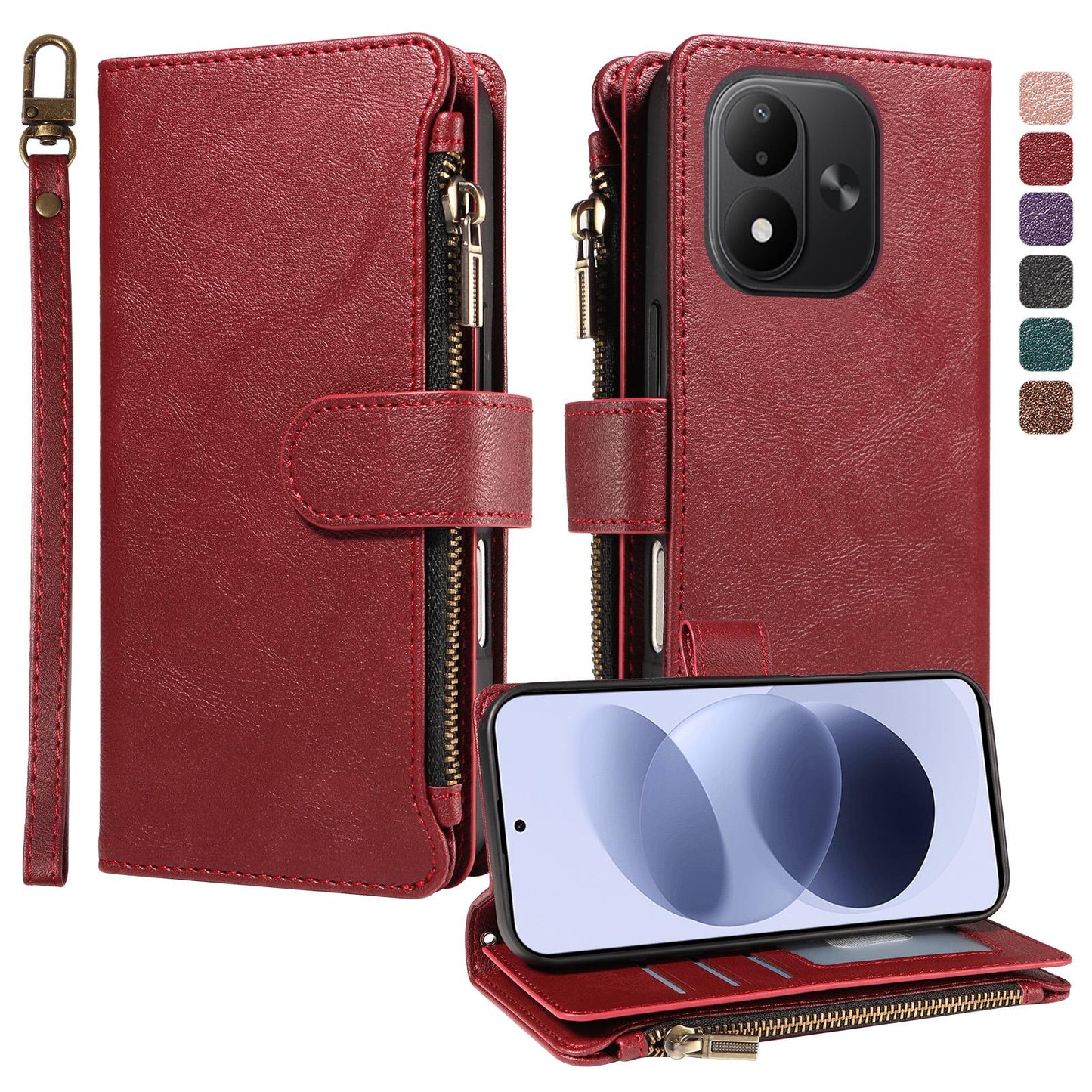 For Redmi Note 17 5G/4G Global 171mm Imitation Calf Vegan Leather 9 Card Slots Zipper Phone Case with Wrist Strap(Red)