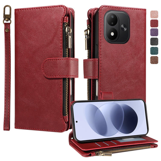 For Redmi Note 17 5G/4G Global 171mm Imitation Calf Vegan Leather 9 Card Slots Zipper Phone Case with Wrist Strap(Red)