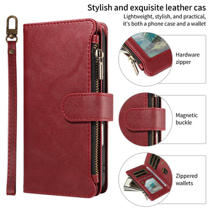 For Redmi Note 17 5G/4G Global 171mm Imitation Calf Vegan Leather 9 Card Slots Zipper Phone Case with Wrist Strap(Red)