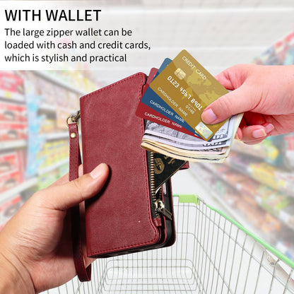 For Redmi Note 17 5G/4G Global 171mm Imitation Calf Vegan Leather 9 Card Slots Zipper Phone Case with Wrist Strap(Red)