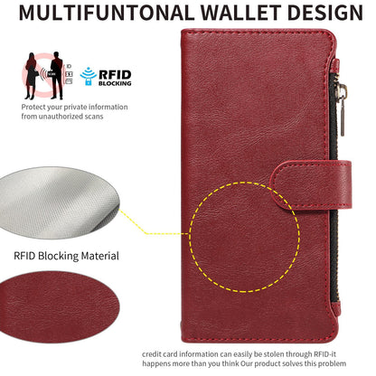 For Redmi Note 17 5G/4G Global 171mm Imitation Calf Vegan Leather 9 Card Slots Zipper Phone Case with Wrist Strap(Red)