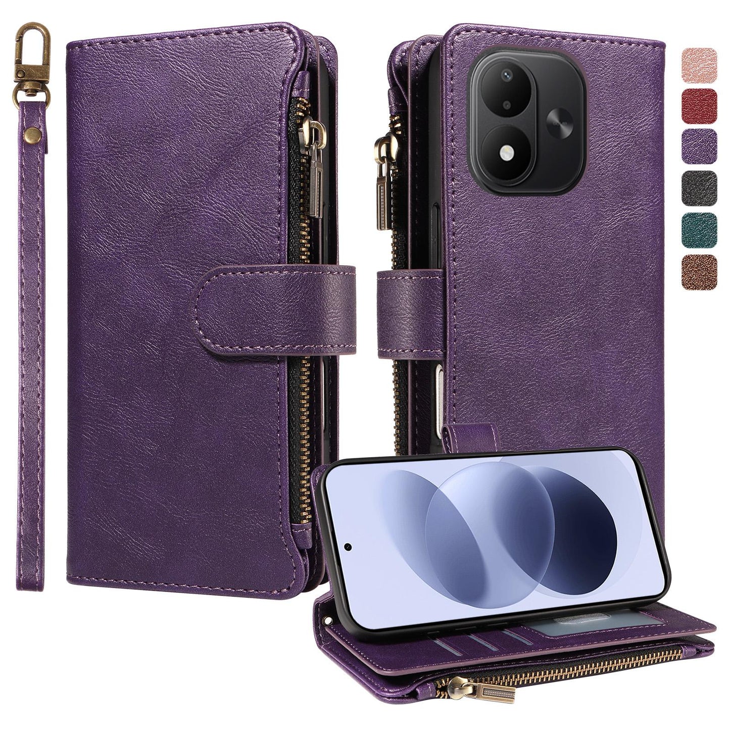 For Redmi Note 17 5G/4G Global 171mm Imitation Calf Vegan Leather 9 Card Slots Zipper Phone Case with Wrist Strap(Purple)