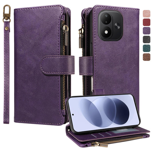 For Redmi Note 17 5G/4G Global 171mm Imitation Calf Vegan Leather 9 Card Slots Zipper Phone Case with Wrist Strap(Purple)