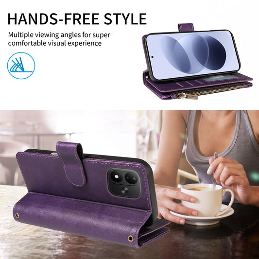 For Redmi Note 17 5G/4G Global 171mm Imitation Calf Vegan Leather 9 Card Slots Zipper Phone Case with Wrist Strap(Purple)
