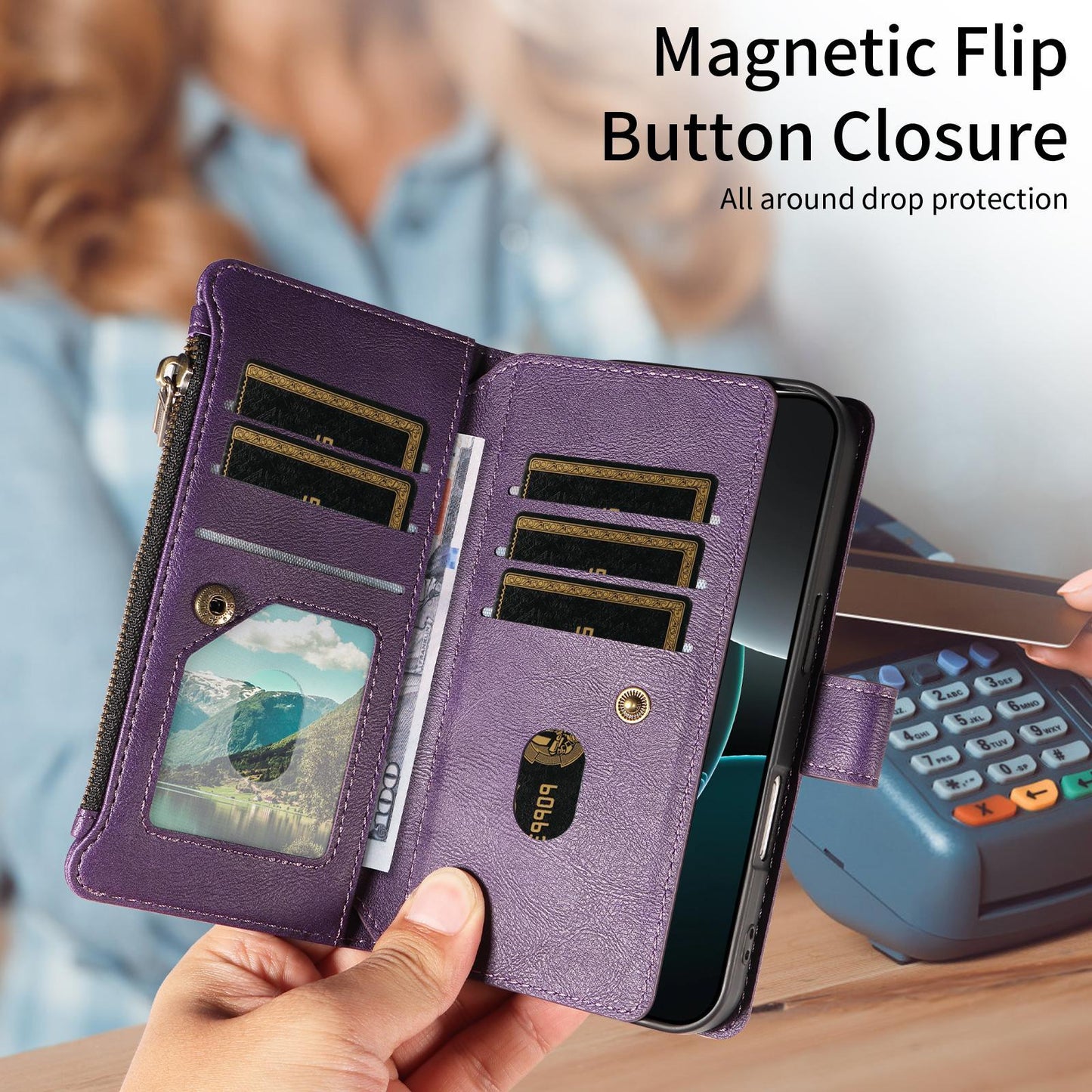 For Redmi Note 17 5G/4G Global 171mm Imitation Calf Vegan Leather 9 Card Slots Zipper Phone Case with Wrist Strap(Purple)