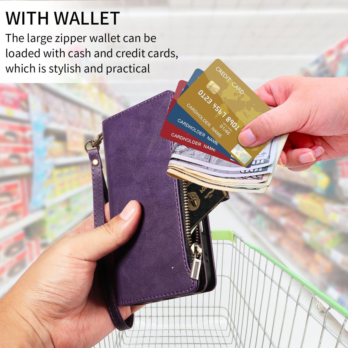 For Redmi Note 17 5G/4G Global 171mm Imitation Calf Vegan Leather 9 Card Slots Zipper Phone Case with Wrist Strap(Purple)
