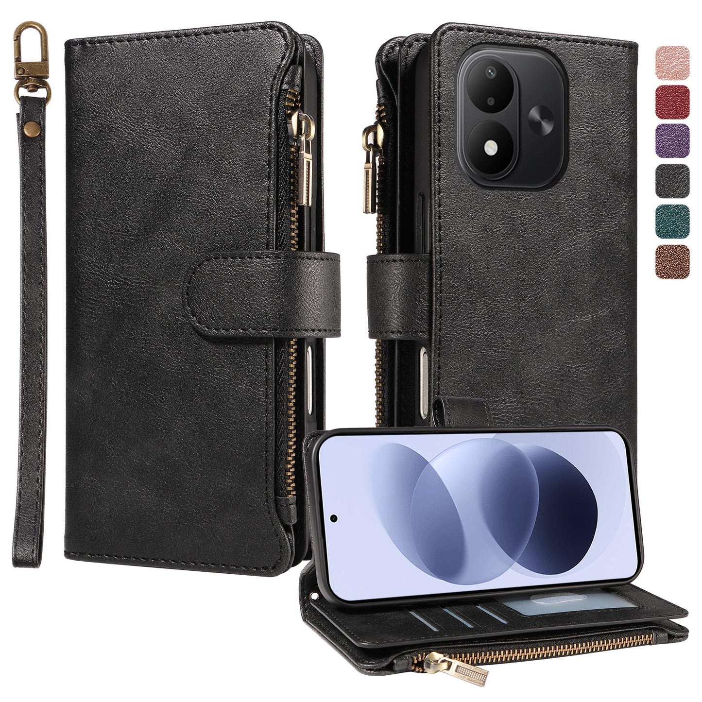 For Redmi Note 17 5G/4G Global 171mm Imitation Calf Vegan Leather 9 Card Slots Zipper Phone Case with Wrist Strap(Black)