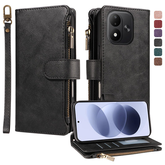 For Redmi Note 17 5G/4G Global 171mm Imitation Calf Vegan Leather 9 Card Slots Zipper Phone Case with Wrist Strap(Black)