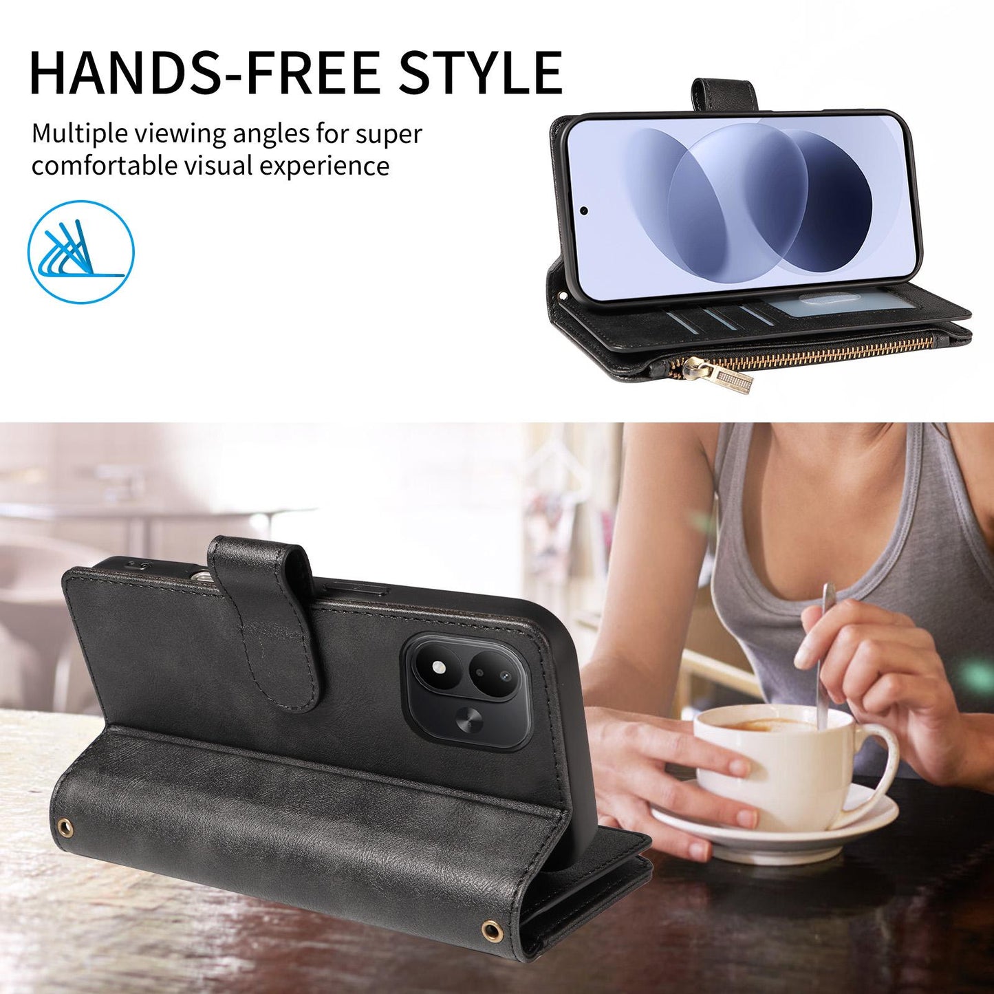 For Redmi Note 17 5G/4G Global 171mm Imitation Calf Vegan Leather 9 Card Slots Zipper Phone Case with Wrist Strap(Black)