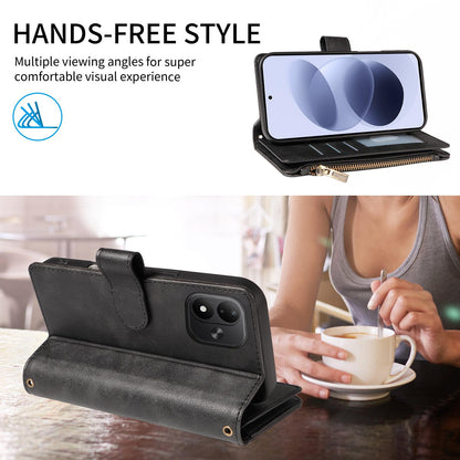 For Redmi Note 17 5G/4G Global 171mm Imitation Calf Vegan Leather 9 Card Slots Zipper Phone Case with Wrist Strap(Black)