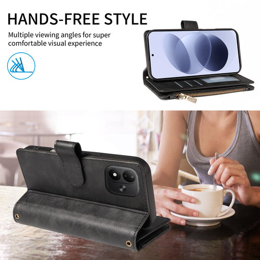 For Redmi Note 17 5G/4G Global 171mm Imitation Calf Vegan Leather 9 Card Slots Zipper Phone Case with Wrist Strap(Black)