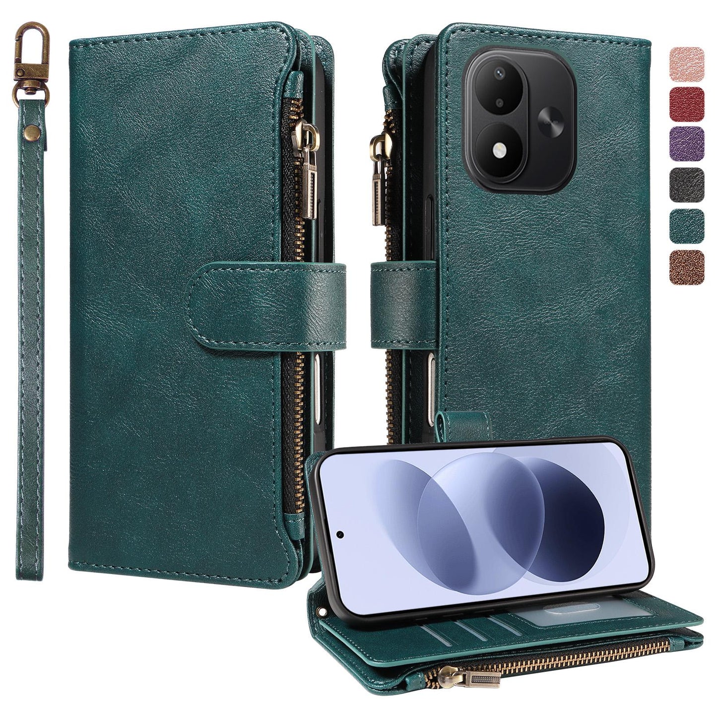 For Redmi Note 17 5G/4G Global 171mm Imitation Calf Vegan Leather 9 Card Slots Zipper Phone Case with Wrist Strap(Green)