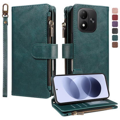 For Redmi Note 17 5G/4G Global 171mm Imitation Calf Vegan Leather 9 Card Slots Zipper Phone Case with Wrist Strap(Green)