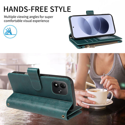 For Redmi Note 17 5G/4G Global 171mm Imitation Calf Vegan Leather 9 Card Slots Zipper Phone Case with Wrist Strap(Green)