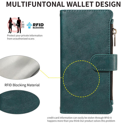 For Redmi Note 17 5G/4G Global 171mm Imitation Calf Vegan Leather 9 Card Slots Zipper Phone Case with Wrist Strap(Green)