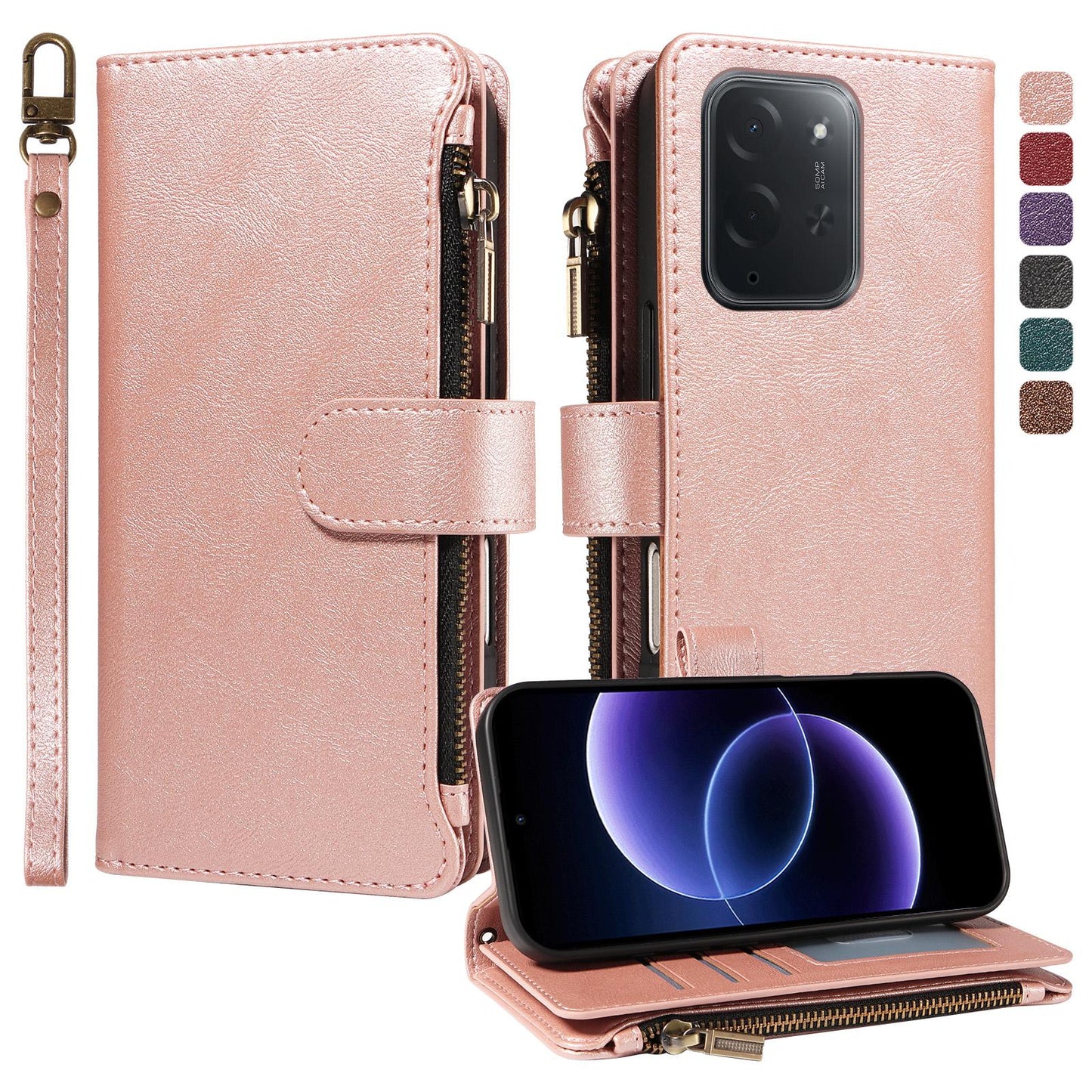 For Xiaomi Poco C95 Pro Imitation Calf Vegan Leather 9 Card Slots Zipper Phone Case with Wrist Strap(Rose Gold)