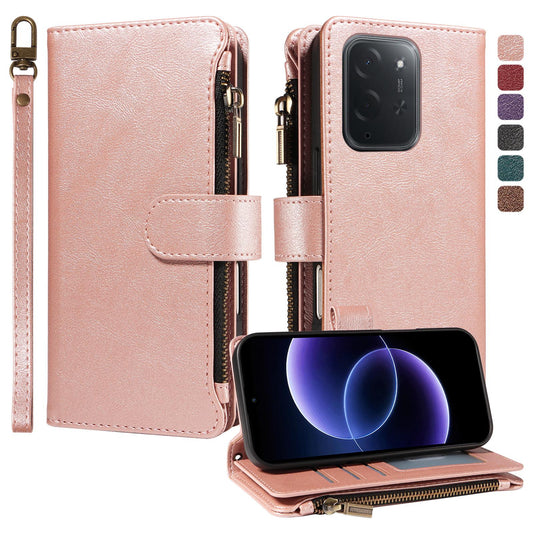 For Xiaomi Poco C95 Pro Imitation Calf Vegan Leather 9 Card Slots Zipper Phone Case with Wrist Strap(Rose Gold)