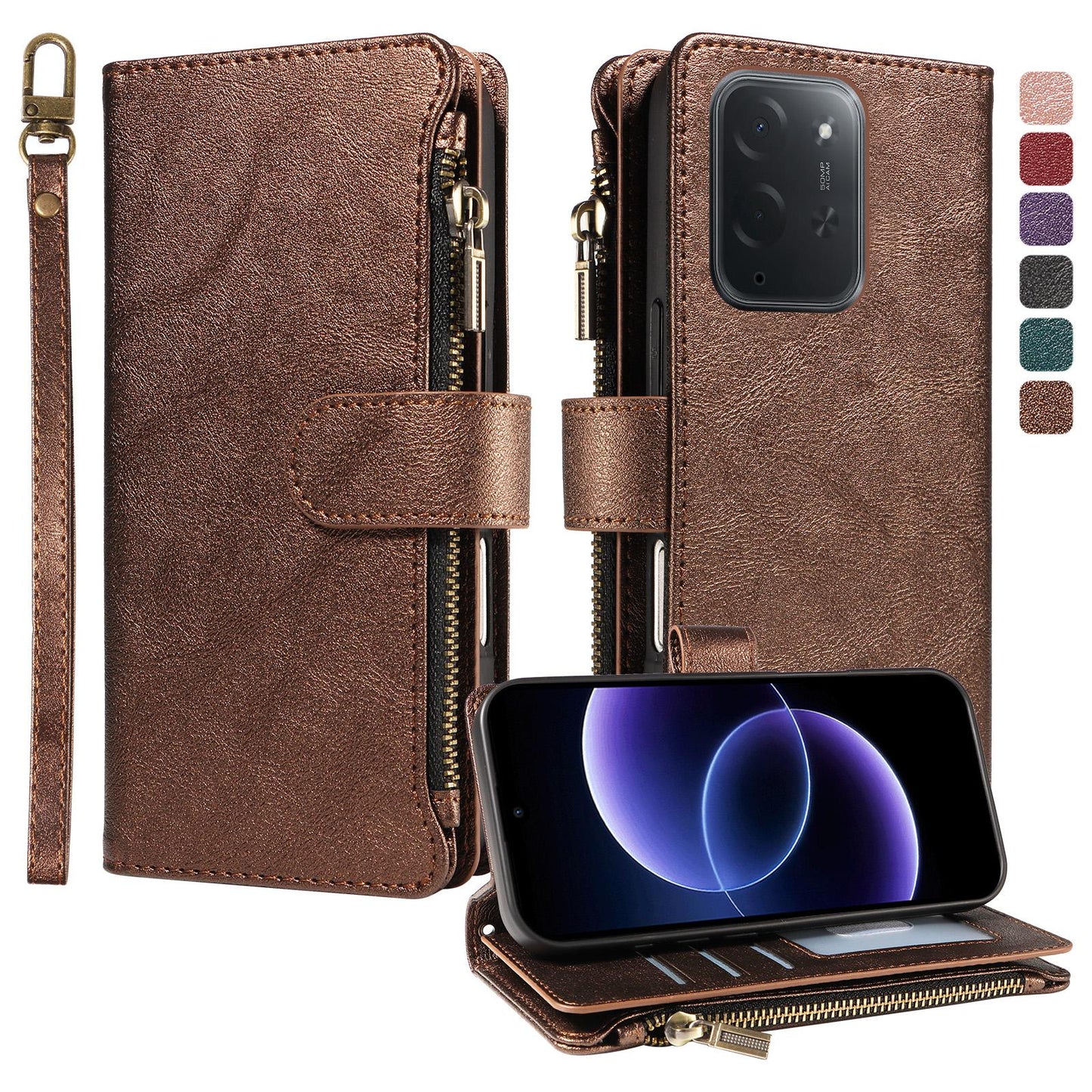 For Xiaomi Poco C95 Pro Imitation Calf Vegan Leather 9 Card Slots Zipper Phone Case with Wrist Strap(Bronze)