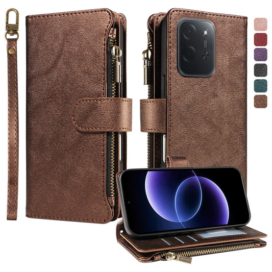 For Xiaomi Poco C95 Pro Imitation Calf Vegan Leather 9 Card Slots Zipper Phone Case with Wrist Strap(Bronze)