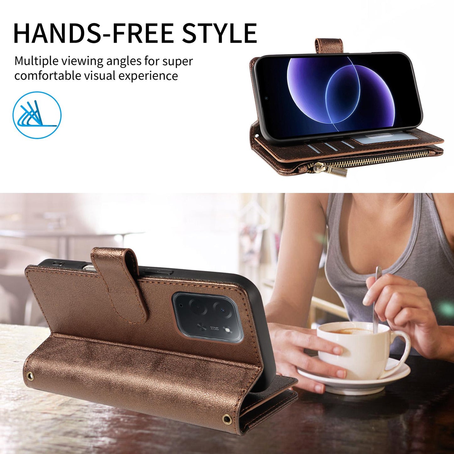 For Xiaomi Poco C95 Pro Imitation Calf Vegan Leather 9 Card Slots Zipper Phone Case with Wrist Strap(Bronze)