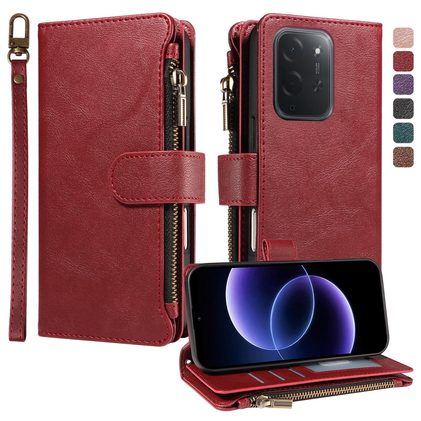 For Xiaomi Poco C95 Pro Imitation Calf Vegan Leather 9 Card Slots Zipper Phone Case with Wrist Strap(Red)