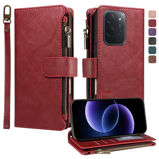 For Xiaomi Poco C95 Pro Imitation Calf Vegan Leather 9 Card Slots Zipper Phone Case with Wrist Strap(Red)