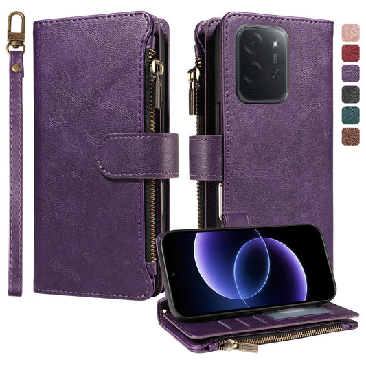For Xiaomi Poco C95 Pro Imitation Calf Vegan Leather 9 Card Slots Zipper Phone Case with Wrist Strap(Purple)