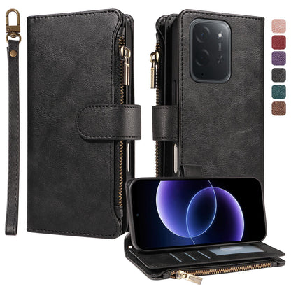 For Xiaomi Poco C95 Pro Imitation Calf Vegan Leather 9 Card Slots Zipper Phone Case with Wrist Strap(Black)