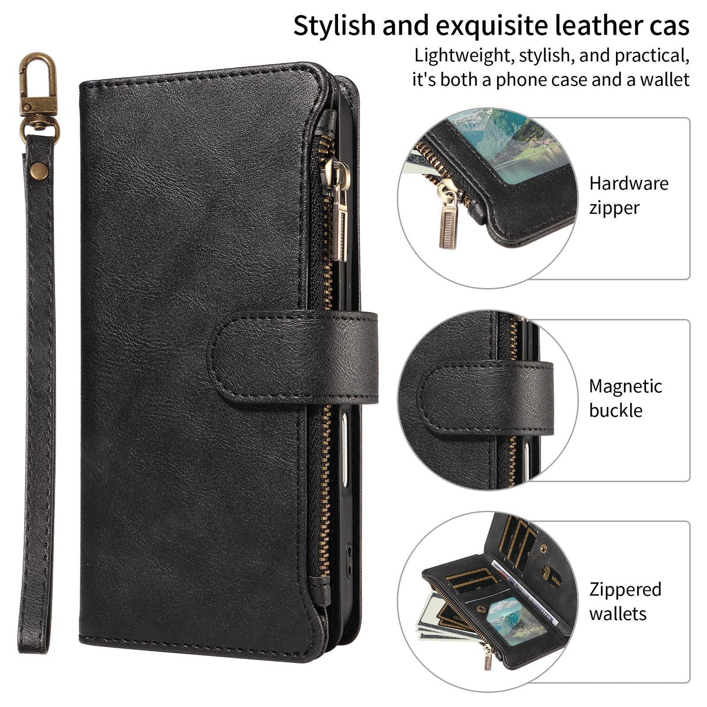 For Xiaomi Poco C95 Pro Imitation Calf Vegan Leather 9 Card Slots Zipper Phone Case with Wrist Strap(Black)