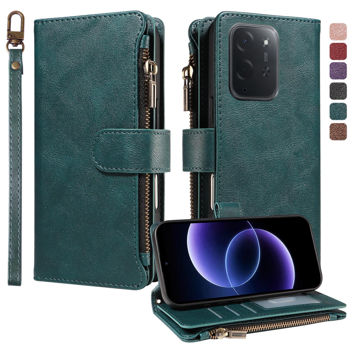 For Xiaomi Poco C95 Pro Imitation Calf Vegan Leather 9 Card Slots Zipper Phone Case with Wrist Strap(Green)