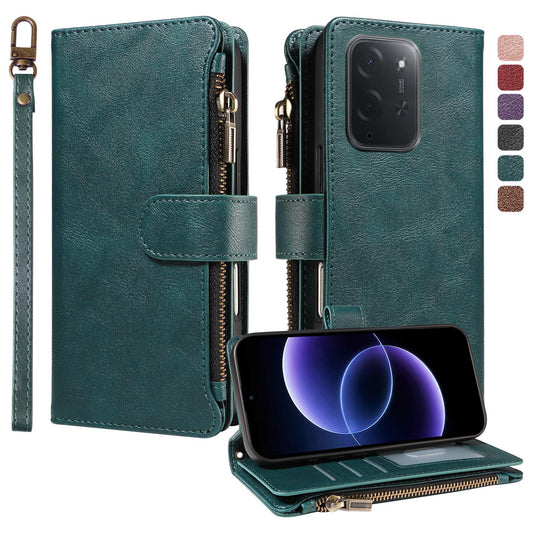 For Xiaomi Poco C95 Pro Imitation Calf Vegan Leather 9 Card Slots Zipper Phone Case with Wrist Strap(Green)