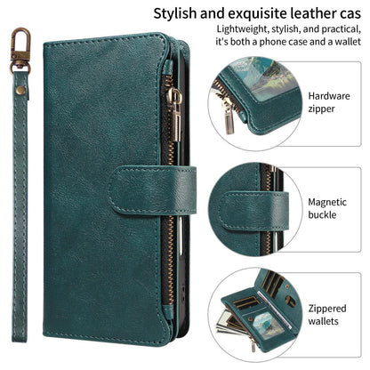For Xiaomi Poco C95 Pro Imitation Calf Vegan Leather 9 Card Slots Zipper Phone Case with Wrist Strap(Green)
