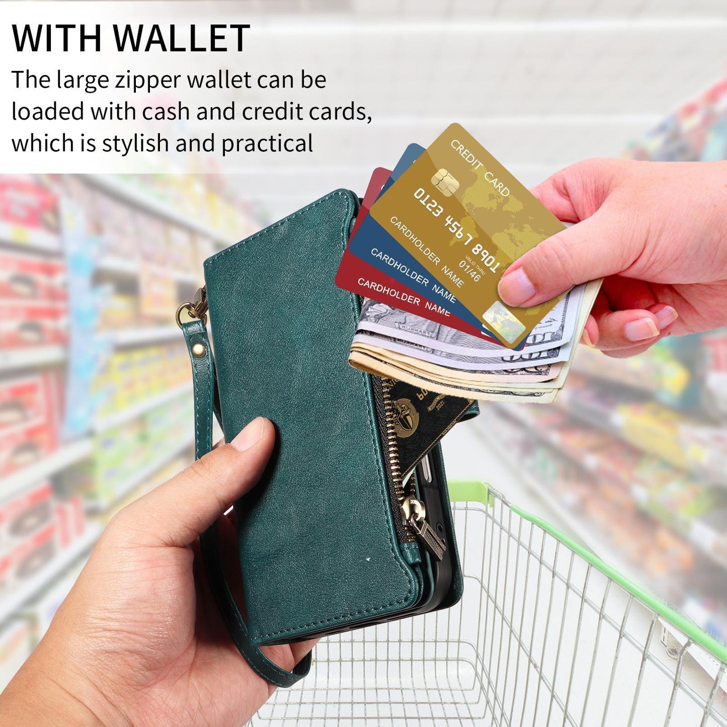 For Xiaomi Poco C95 Pro Imitation Calf Vegan Leather 9 Card Slots Zipper Phone Case with Wrist Strap(Green)