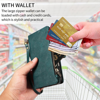 For Xiaomi Poco C95 Pro Imitation Calf Vegan Leather 9 Card Slots Zipper Phone Case with Wrist Strap(Green)