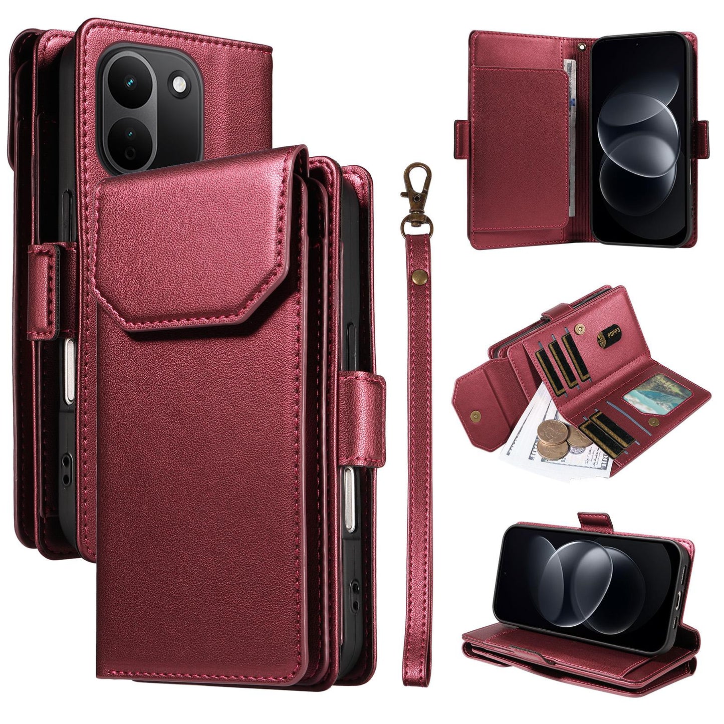 For Redmi Note 17 Pro+ 5G Global 163mm Multi Card Wallet Leather Phone Case with Strap(Red)