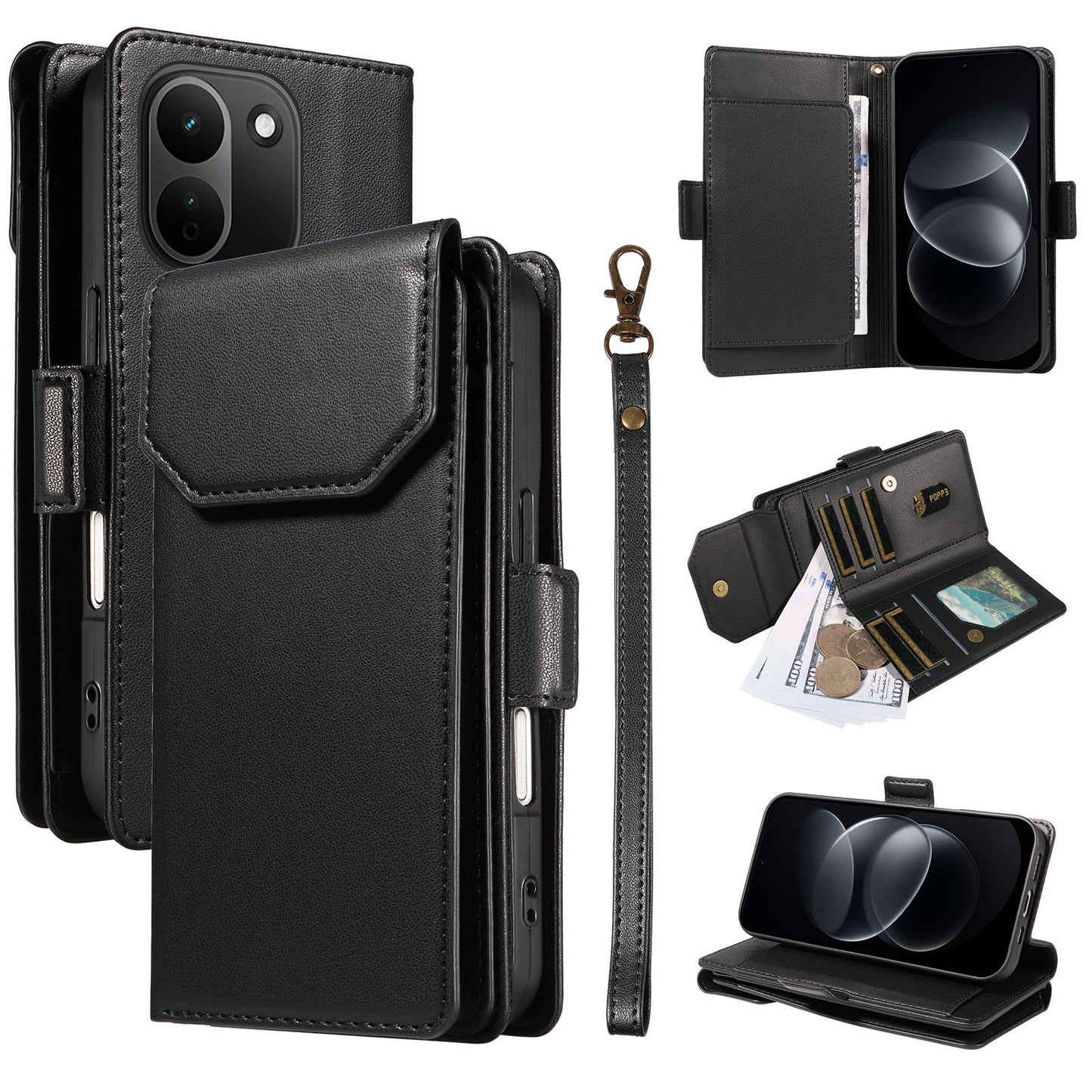 For Redmi Note 17 Pro+ 5G Global 163mm Multi Card Wallet Leather Phone Case with Strap(Black)