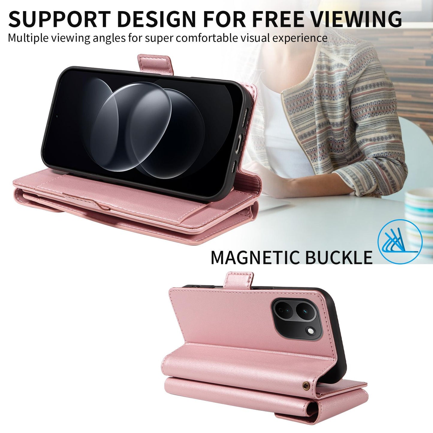 For Redmi Note 17 Pro+ 5G Global 163mm Multi Card Wallet Leather Phone Case with Strap(Rose Gold)