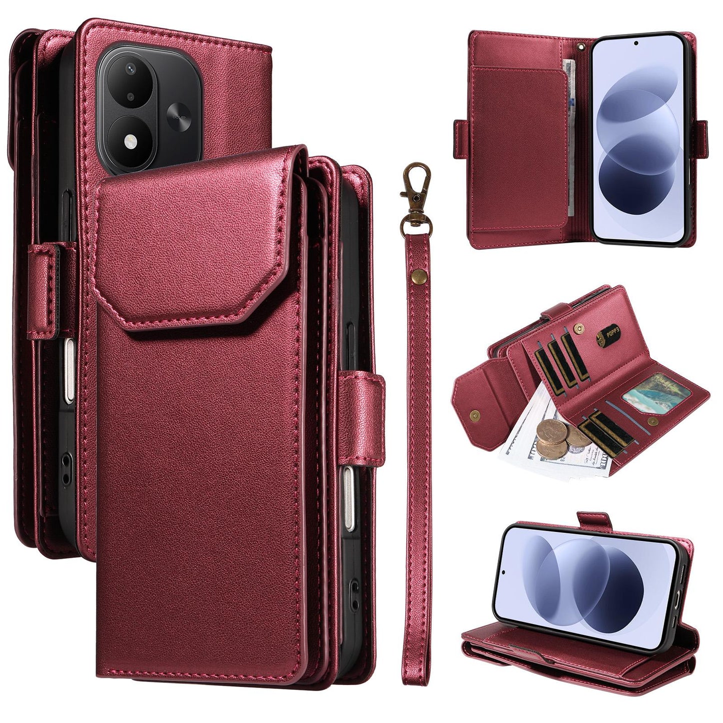 For Redmi Note 17 5G/4G Global 171mm Multi Card Wallet Leather Phone Case with Strap(Red)