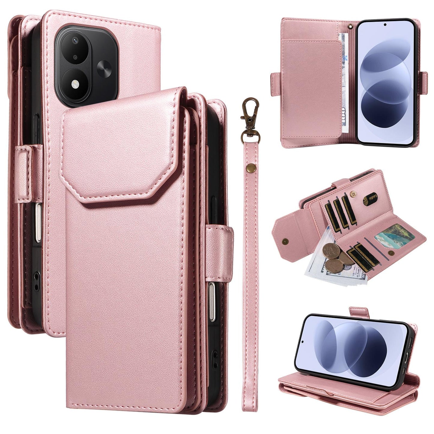 For Redmi Note 17 5G/4G Global 171mm Multi Card Wallet Leather Phone Case with Strap(Rose Gold)