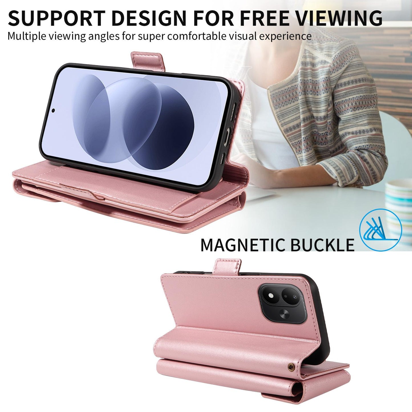 For Redmi Note 17 5G/4G Global 171mm Multi Card Wallet Leather Phone Case with Strap(Rose Gold)