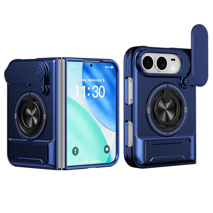For iPhone Fold Lens Sliding Window Multifunctional Magnetic Shockproof Phone Case(Royal Blue)