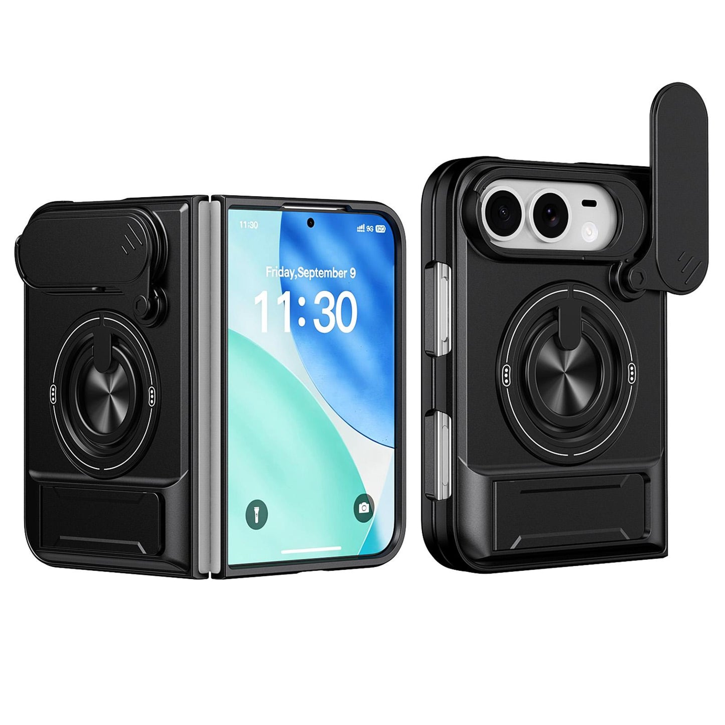 For iPhone Fold Lens Sliding Window Multifunctional Magnetic Shockproof Phone Case(Black)