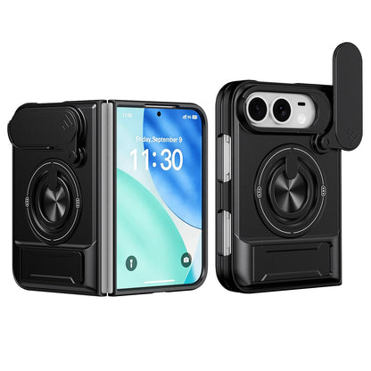 For iPhone Fold Lens Sliding Window Multifunctional Magnetic Shockproof Phone Case(Black)