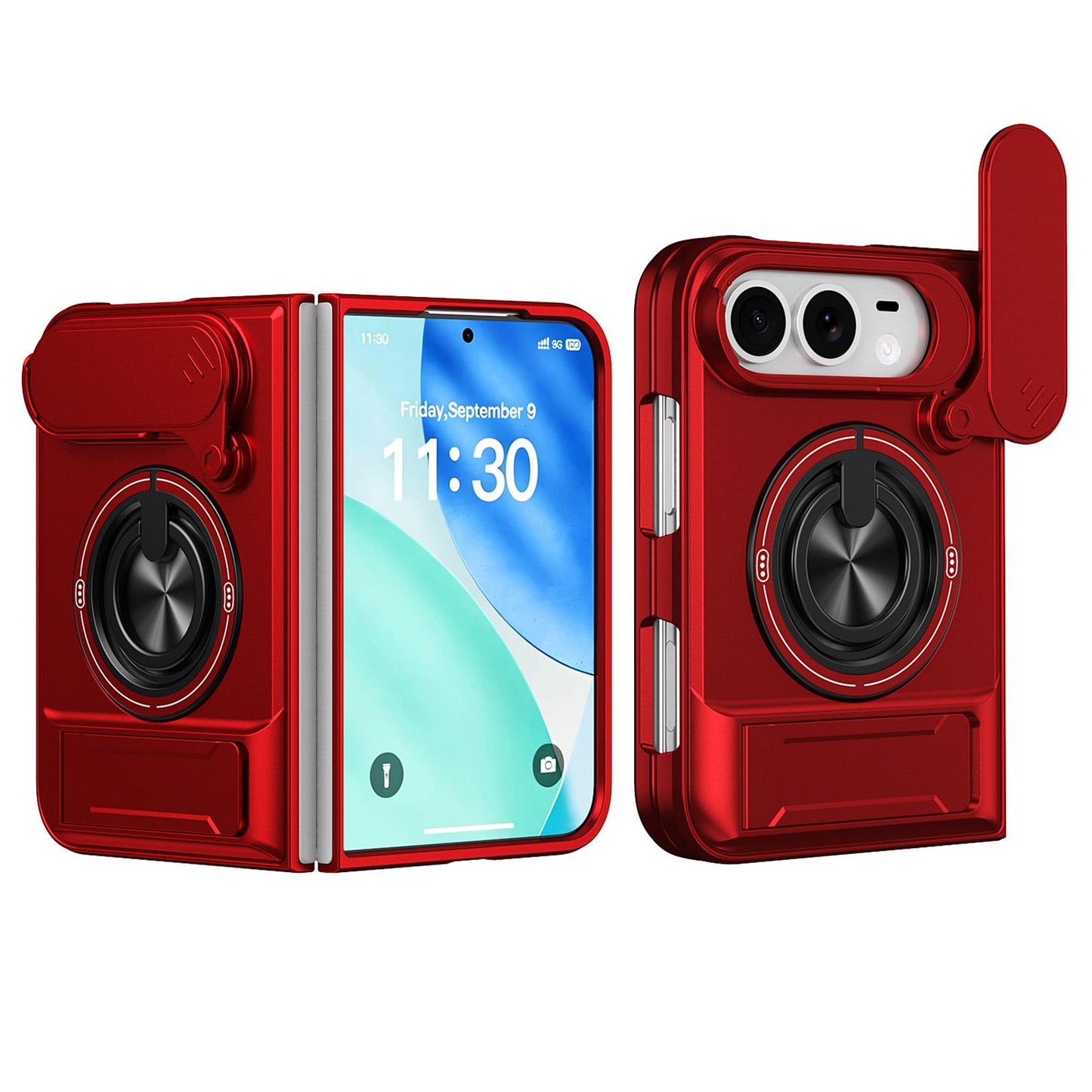 For iPhone Fold Lens Sliding Window Multifunctional Magnetic Shockproof Phone Case(Red)