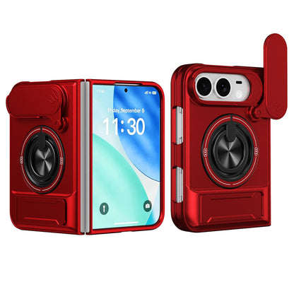 For iPhone Fold Lens Sliding Window Multifunctional Magnetic Shockproof Phone Case(Red)
