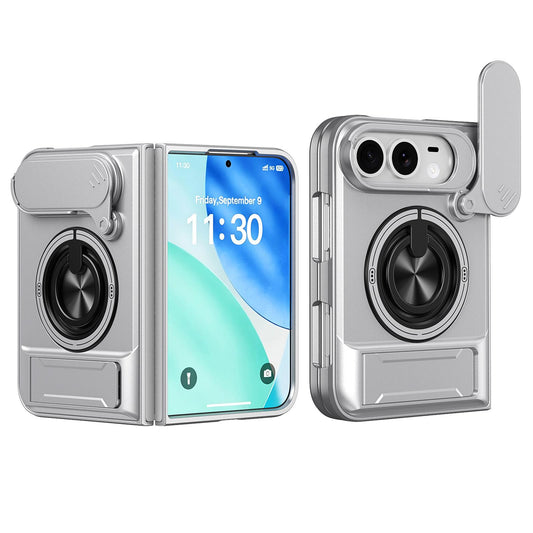 For iPhone Fold Lens Sliding Window Multifunctional Magnetic Shockproof Phone Case(Titanium Gray)