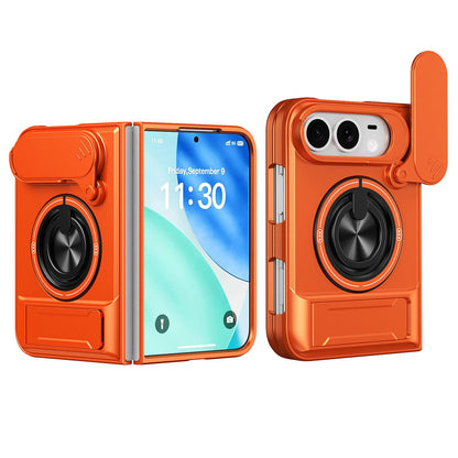 For iPhone Fold Lens Sliding Window Multifunctional Magnetic Shockproof Phone Case(Orange)