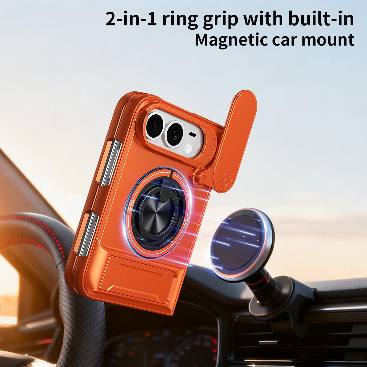 For iPhone Fold Lens Sliding Window Multifunctional Magnetic Shockproof Phone Case(Orange)