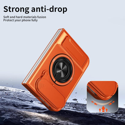For iPhone Fold Lens Sliding Window Multifunctional Magnetic Shockproof Phone Case(Orange)