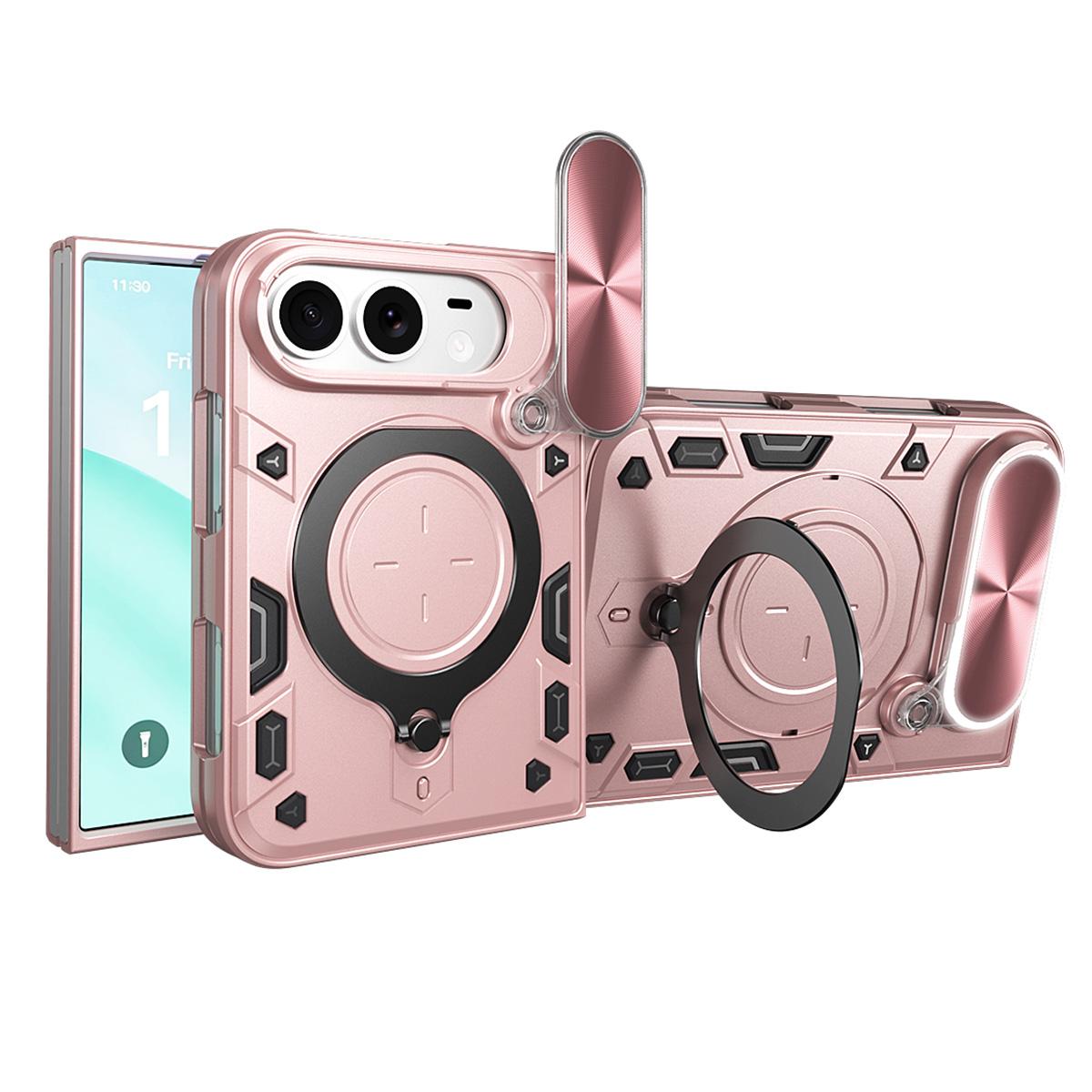 For iPhone Fold CD Texture Sliding Camshield Magnetic Holder Phone Case(Pink)